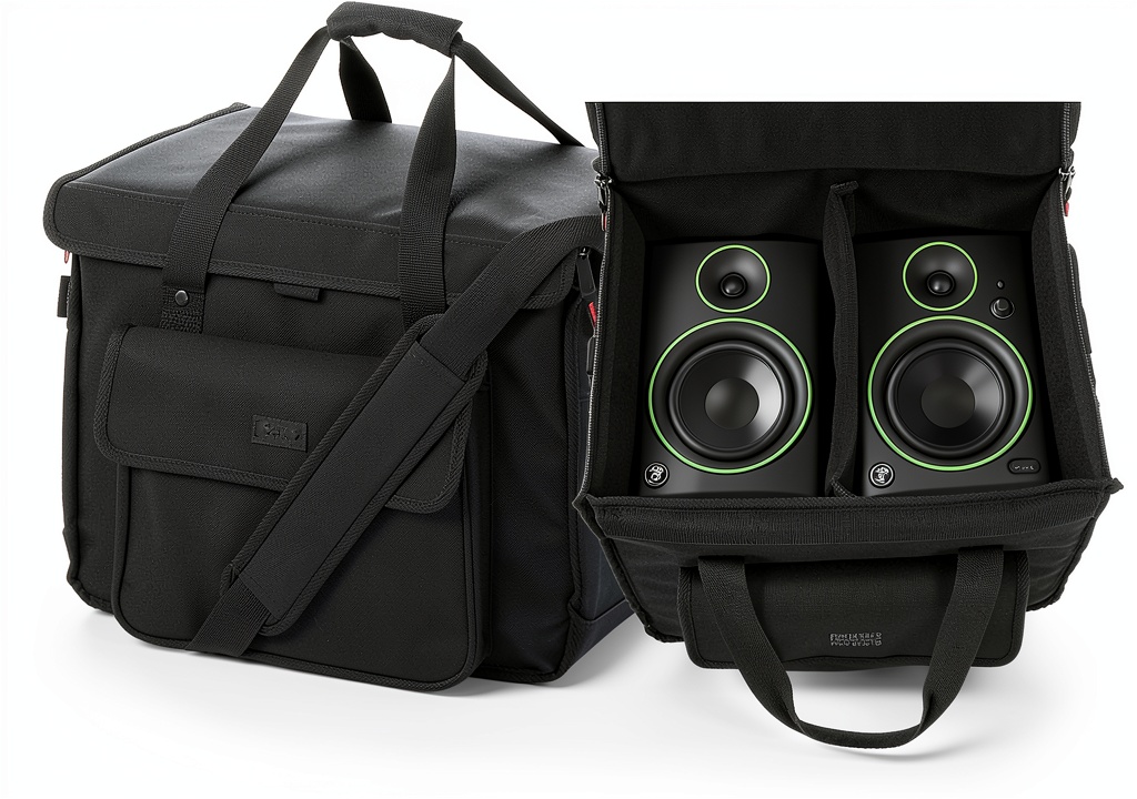 G-Studiomonitor1 Nylon Studio Monitor Bag being placed on a studio desk with cables and a laptop nearby
