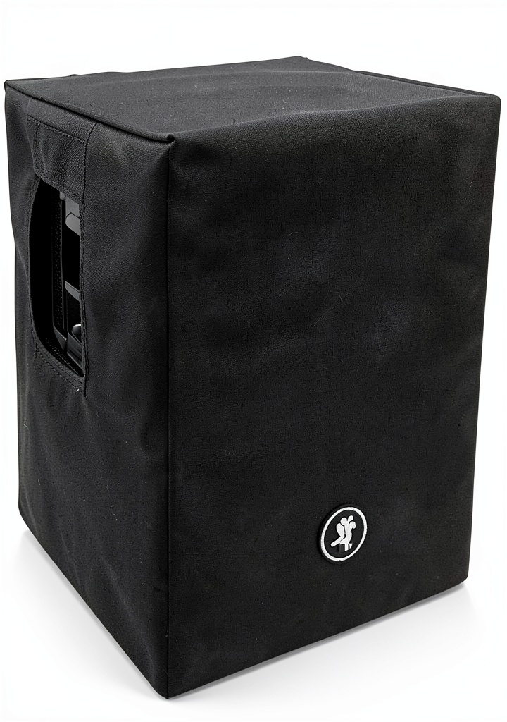Mackie Thump18S speaker covered with nylon case in a stage setting