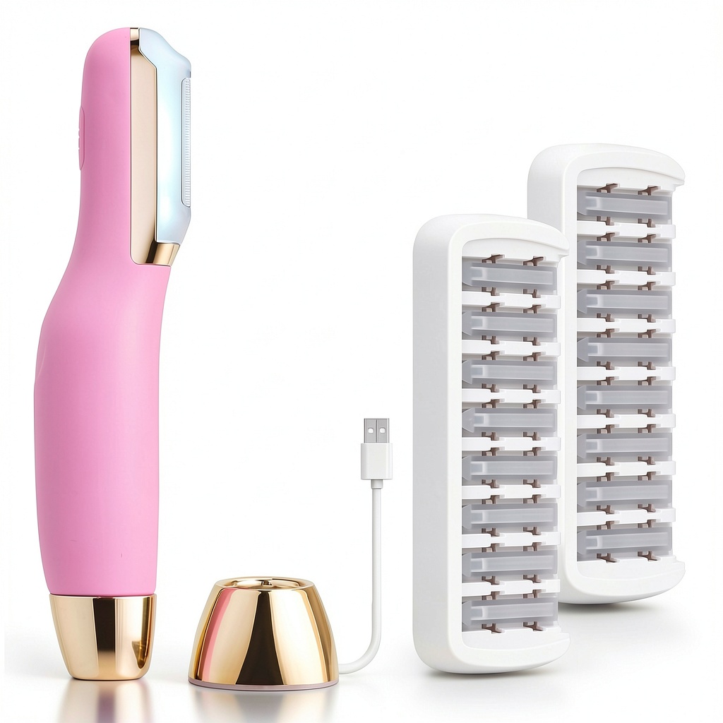 Installing CEVEK Dermaplane Razor Pink 4.0 Replaceable Blades on a marble bathroom counter